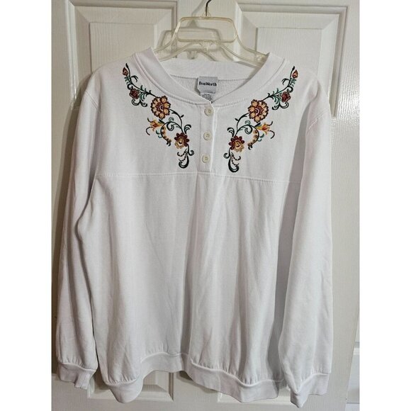 Vintage BonWorth Womens XL White Floral Embroidered Fleece Sweater Preppy Cozy - Picture 2 of 6